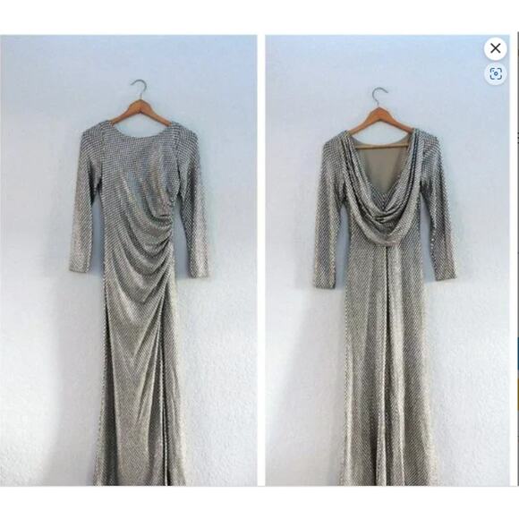 Elisa J Dresses & Skirts - Eliza J Women's Sz 10 Silver Champagne Metallic Long Sleeve Draped Back Rushed.